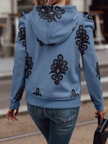 SHEIN LUNE Áo nỉ trùm đầu in họa tiết toàn thân dành cho nữ, mặc thường ngày - Màu xanh lam - Xem 2