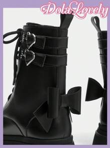 Dola Lovely 女士时尚优雅休闲圆头黑色系带心形扣蝴蝶结经典英伦机车厚底靴 - 黑色 - 查看 4