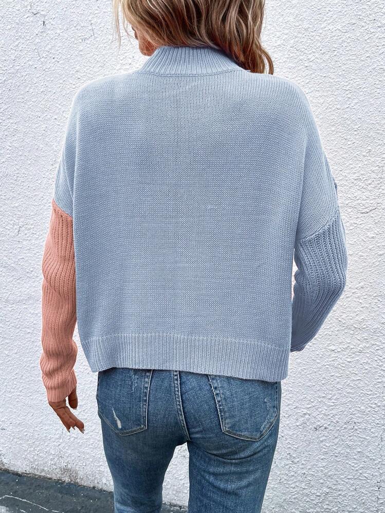 Chiquease Suéter casual de cuello redondo con bloques de color de manga larga, suéter de punto para otoño e invierno - Multicolor - Añade 2