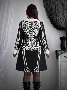 Whyspr 大码万圣节角色扮演哥特朋克黑暗星期三骷髅翻领复古可爱短裙，秋装，黑色