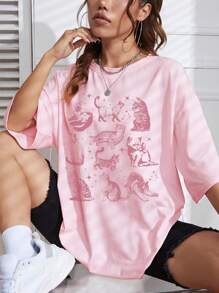 INAWLY 女式复古猫咪印花宽松落肩圆领休闲 T 恤，夏季图案 T 恤女式上衣