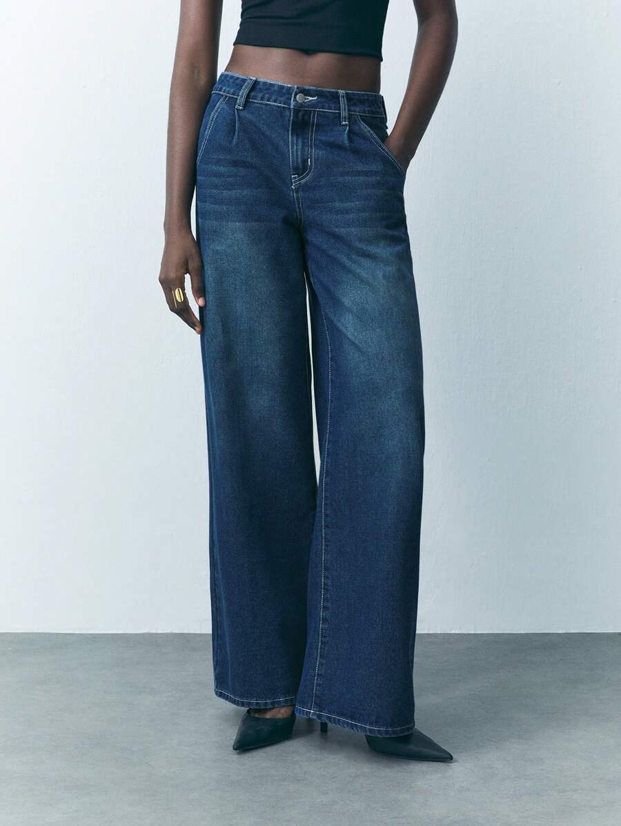 Maija Quần Jeans Ống Thẳng Cài Nút Eo Cho Nữ Quần Dạo Phố Thường Ngày - Rửa tối - Xem 1