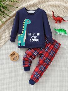 2 pièces Ensemble de pyjama pour bébé garçon avec Top à manches longues col rond avec imprimé dinosaure mignon et lettres, et pantalon ajusté à carreaux - Multicolore - Voir 1