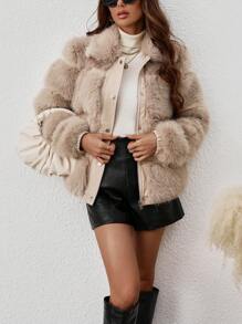 Chiquease Áo khoác mùa đông dài tay sang trọng màu trơn cho nữ - Màu be - Xem 5