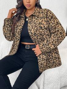 SHEIN Frenchy Plus Size Leopard Print Casual Utility Shacket Fall/Winter - Multicolor - View 5