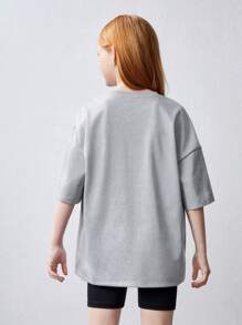 SHEIN Tween Girl 针织纯色字母印花超大 T 恤和紧身裤套装 - 彩色 - 查看 7