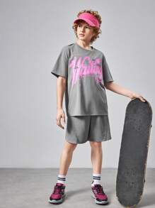 SHEIN Tween Boy Knitted Solid Color Letter Print Short Sleeve T-Shirt And Shorts Casual 2pcs/Set - Grey - View 4