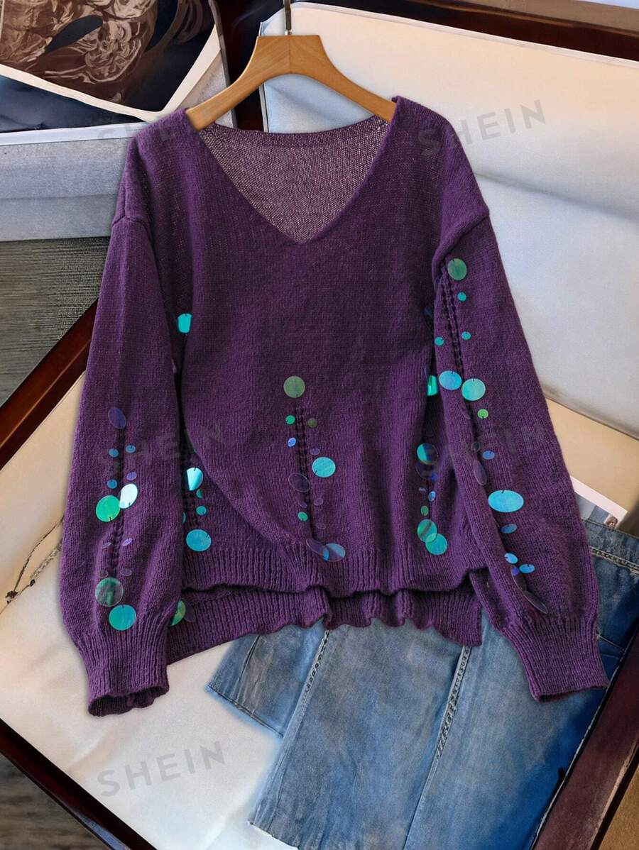 SHEIN LUNE Suéter de manga larga de escote en V oversize de parche de lentejuelas para mujer, otoño/invierno