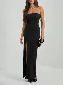 SHEIN Tall Women's Plain Split Bodice Summer Dress - Black - View 5