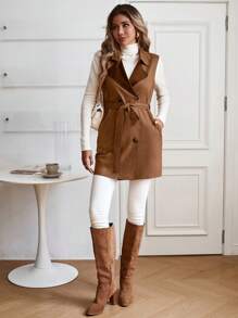 SHEIN Clasi Casaco Trench Feminino Casual de Cintura Marcada de Camurça com Abotoamento Duplo - Marrom Claro - Visão 4