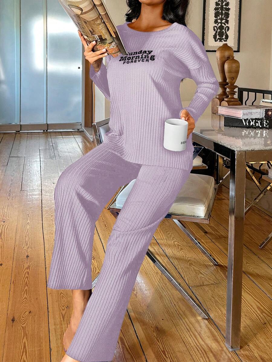 RueChic Ladies' Purple Letter Print Long Sleeve Homewear Set - Purple - View 1