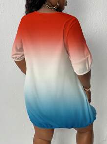 Slaydiva 彩色渐变字母印花圆领泡泡袖下摆褶皱连衣裙，带口袋，大码女装，春夏 - 彩色 - 查看 2
