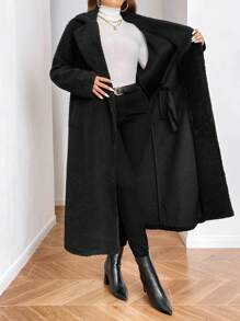 SHEIN Clasi Plus Size Women's Autumn/Winter Fuzzy Black Military Coat, Versatile, Fashionable For Urban, Office, And Everyday Wear - Black - View 3