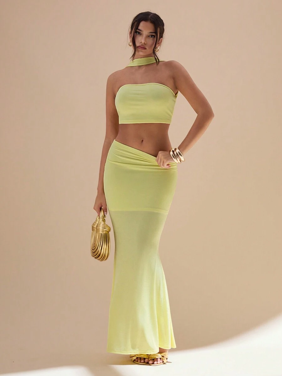 Glamine 女士优雅褶饰紧身鱼尾裙，夏季 - 黃色 - 查看 1