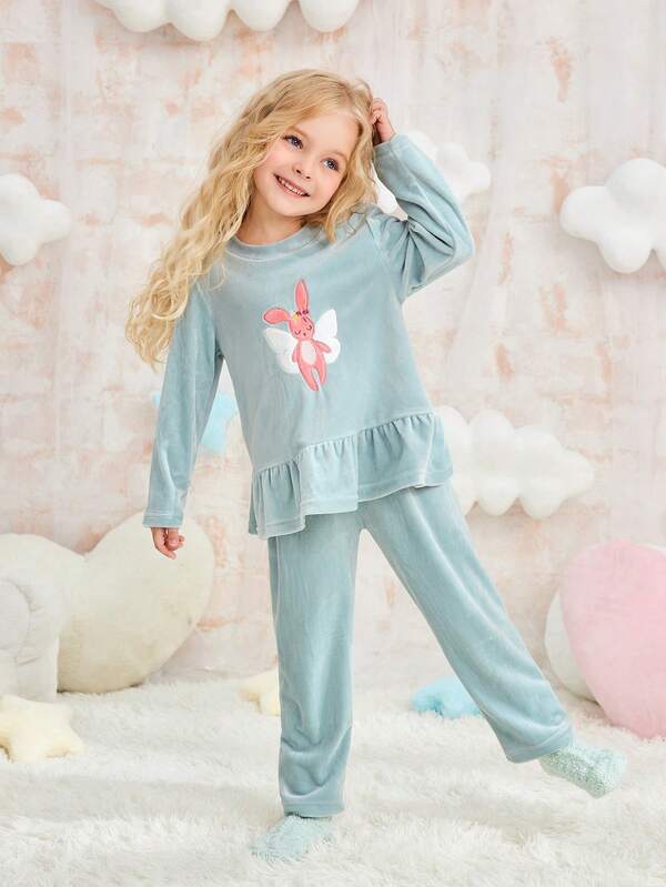 2pcs Young Girls Minimalist Bunny Embroidered Long Sleeve Top And Plush Pants Casual Homewear Set, Light Blue
