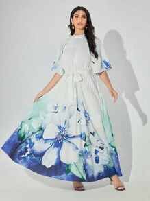 Modelyn فستان سهرة طويل بنقشة زهور مطبوعة، بسيط للاستعمال اليومي، مزين بحزام عربي - متعدد الألوان - مشاهدة 6