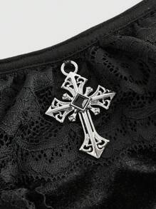 ROMWE Gothic Palace Style Cross Decor Lace Patchwork Velvet Camisole Top For Women - Black - View 2