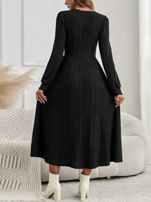 EMERY ROSE Women Spring & Summer Fall Solid Color Round Neck Long Sleeve Rib Casual Midi Winter Autumn Dress