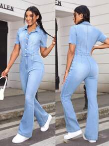 SHEIN EZwear Bộ đồ liền thân denim ống loe ôm vừa vặn mùa hè cho nữ - Rửa nhẹ - Xem 7