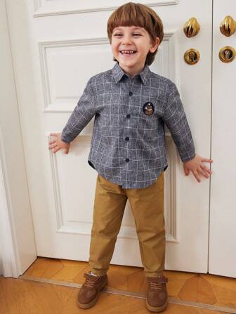 PrepCrw 男孩灰色单排扣修身衬衫领长袖衬衫返校季