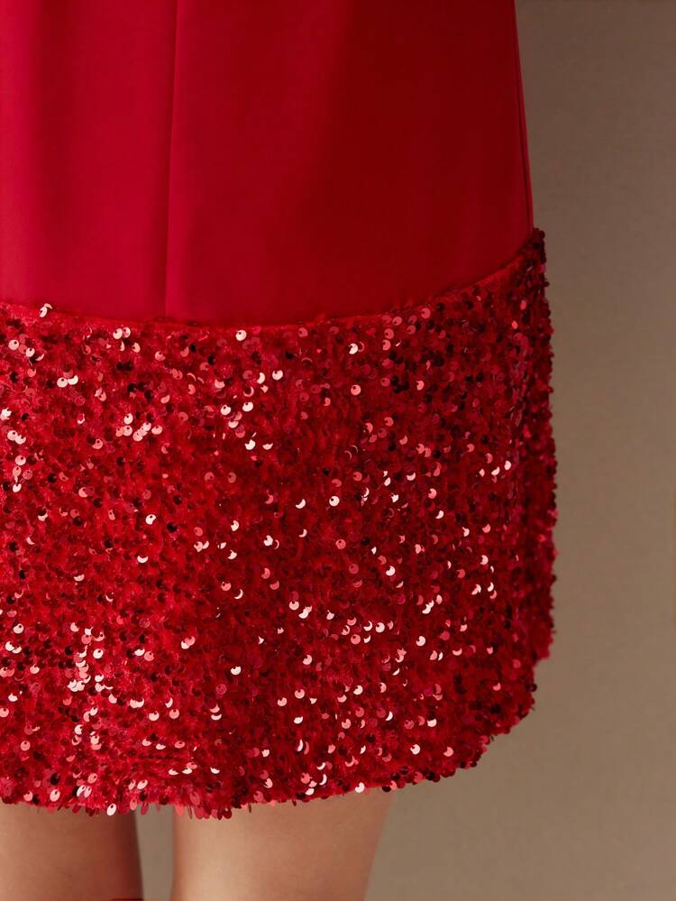 SOLID BOW DETAIL CONTRAST SEQUIN SHORT DRESS FOR NEW YEAR CLOTHES