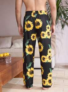 Men Sunflower Printed Lounge Pants - Black - View 2