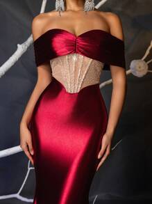 SHEIN Belle 优雅华丽的勃艮第和香槟色可拆卸肩带奢华串珠亮片缝线弹力缎面收腰透视紧身美人鱼下摆适合婚礼活动度假单身派对舞会晚礼服（重工风格）、婚礼活动礼服、正式礼服、婚礼嘉宾、毕业典礼、晚宴 - 紫色 - 查看 5