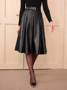 Vintamour 复古优雅女式裙子配腰带和伞形下摆，黑色 PU 皮革长裙秋季女士裙子文艺复兴节万圣节裙子旧钱情人节商务休闲女士服装女士 - 黑色 - 查看 5