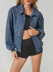 SHEIN EZwear Camiseta casual sencilla con cuello alto, cremallera delantera, manga larga y bolsillo - Azul lavado oscuro - Ver 3