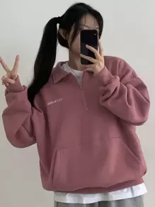 DAZY 女式翻领字母印花半拉链卫衣、长袖上衣、秋季女装 - 粉色 - 查看 4