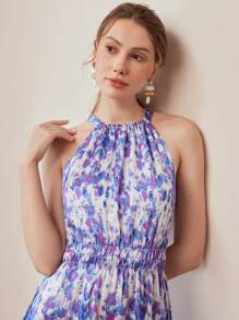 MOTF PREMIUM 全身印花系带露背连衣裙 - 藍色 - 查看 4