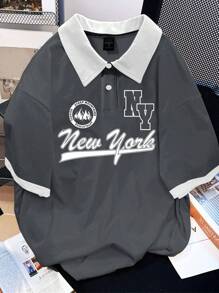 Claim Dot 男式彩色块字母印花长袖休闲 Polo 衫，正面有纽扣