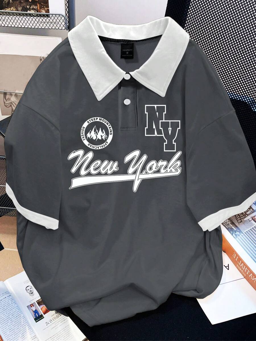 Claim Dot 男式彩色块字母印花长袖休闲 Polo 衫，正面有纽扣