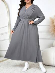 Mulvari Đầm dài tay cổ chữ V cỡ lớn thời trang thanh lịch duyên dáng quyến rũ đa năng - Xám - Xem 3