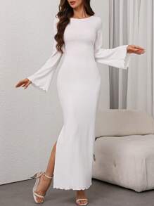 SHEIN Privé Women's Solid Color Backstrap Long Sleeve Split Slim Dress - White - View 3