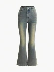 SHEIN Teen Girls' Fashionable Distressed Denim Jeans With Rhinestone Cross Embellishments And Flared Legs - Medium Wash - View 2