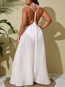 SHEIN Swim Chicsea Plus Size Women Solid Color Casual Long Maxi Sleeveless Coverup Dress Summer