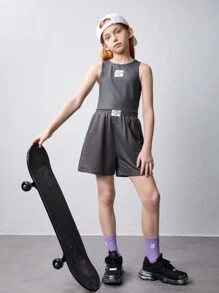 SHEIN 少女针织单色字母标签上衣和短裤套装，带斜插口袋，休闲款 - 灰色 - 查看 5