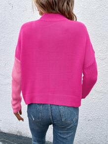 Calvaya 女士立领长袖拼接时尚舒适套头毛衣，长袖上衣 - 彩色 - 查看 2