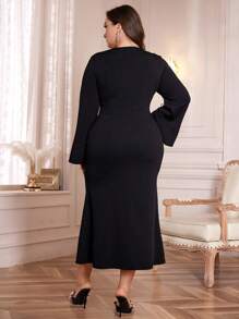 Modelyn 大码 V 领镂空长袖蝴蝶结设计优雅黑色连衣裙，优雅合身连衣裙，适合晚会/婚礼嘉宾/周年纪念 - 黑色 - 查看 5