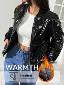 Comfortcana Black Zip Up Quilted Lined Baseball Collar Winter Coat - Black - View 9