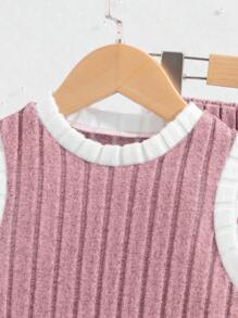 SHEIN 2 件装年轻女孩拼布不对称下摆短款上衣时尚套装 - 粉色 - 查看 3