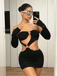 SHEIN ICON Vestido midi ajustado con un hombro asimétrico, recorte y acento de aro de metal