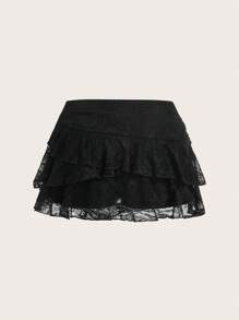 Sweetina Low Rise Lace Layered Cake Y2K Summer Ruffle Black Skirt - Black - View 2