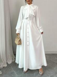 Elenzga Đầm Maxi Dài Thanh Lịch Cho Nữ Có Cổ Buộc, Thiết Kế Nếp Xếp Ly Và Nút - trắng - Xem 3