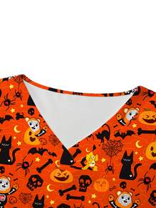 PopScrub Blusa casual con bolsillo de manga corta y cuello en V con estampado de calabaza para mujer