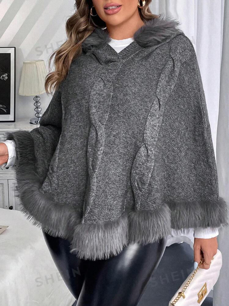 SHEIN Essnce Plus Size Women S Fuzzy Patchwork Hooded Poncho Sweater