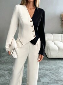 Chiquease Black & Beige Jacket And Pants Suit Set - Apricot - View 3