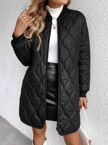 SHEIN LUNE 女士休闲纯色中长款冬季夹克 - 黑色 - 查看 1