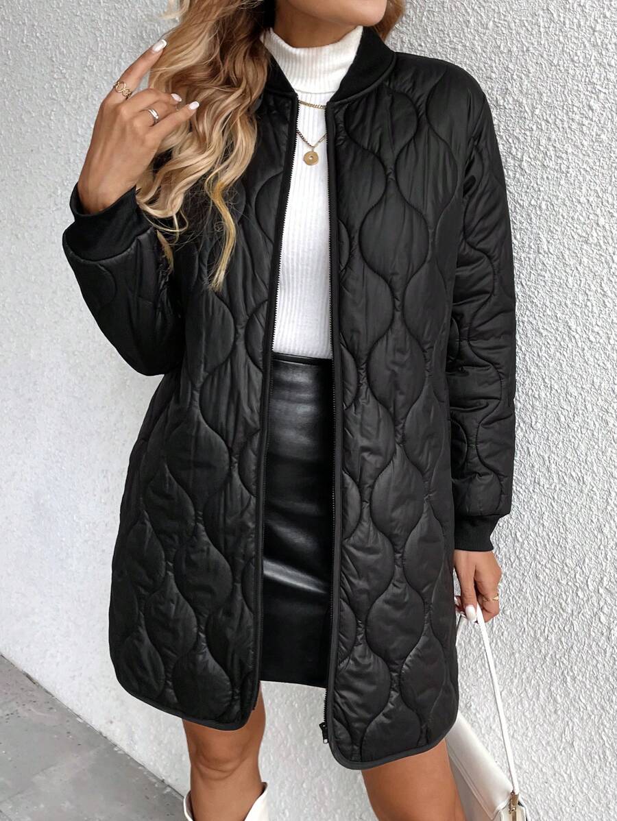 SHEIN LUNE 女士休闲纯色中长款冬季夹克 - 黑色 - 查看 1